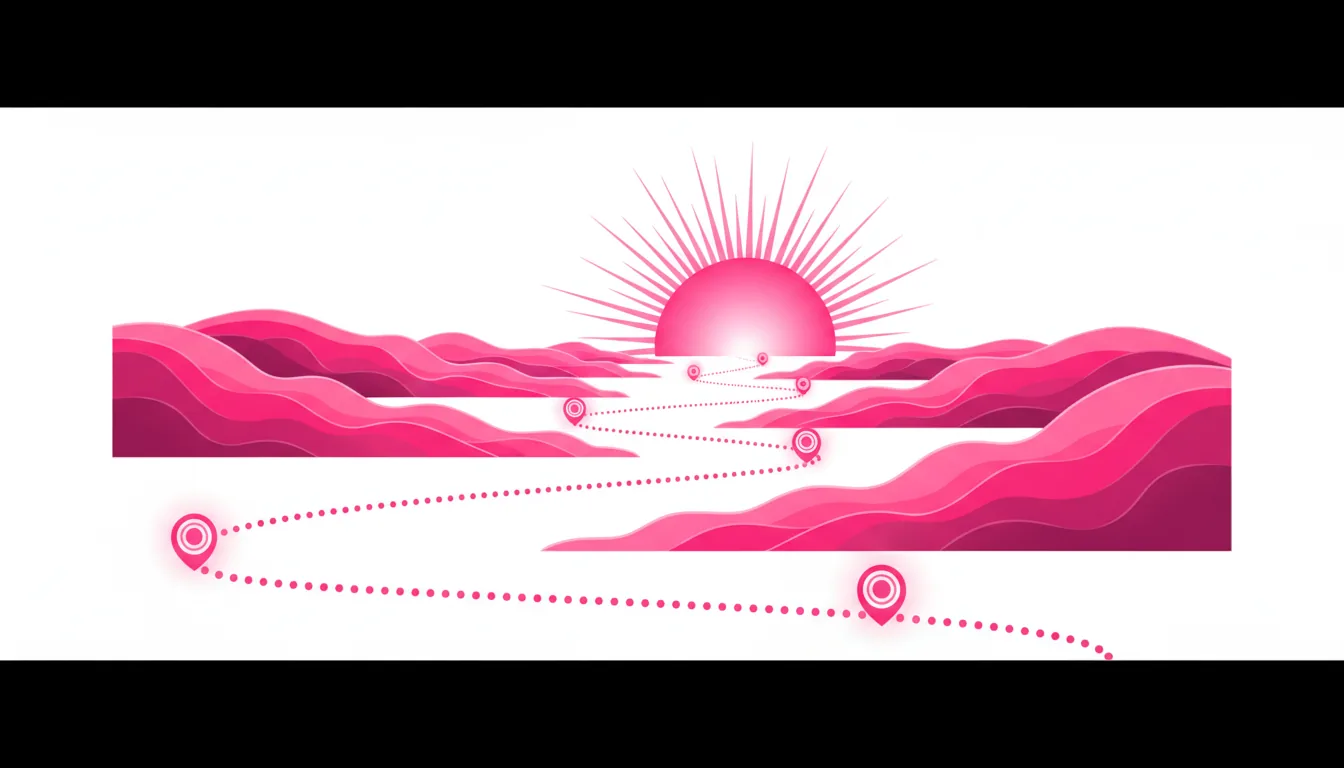 Abstract illustration of a winding waypoint path through soft hills toward a rising sun