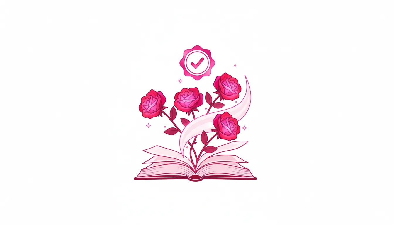 Abstract illustration of an open book with botanical stems and a verification seal